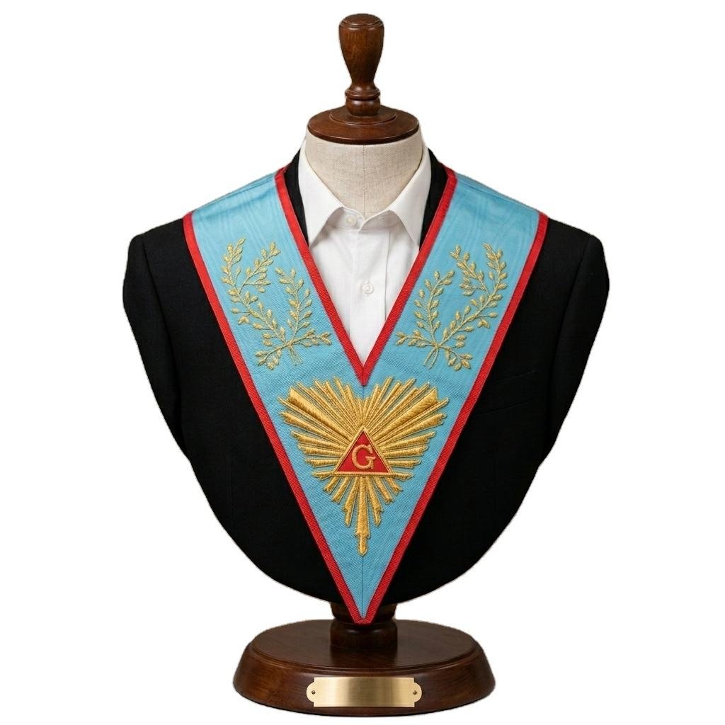 Sky Blue Moire Silk Ceremonial Neck Sash, Handcrafted Gold W